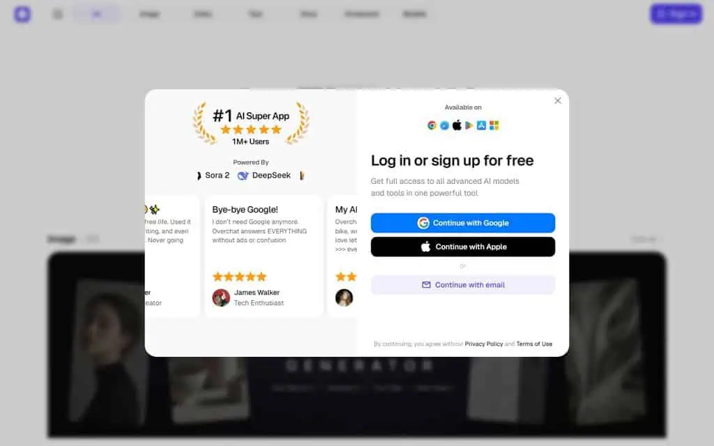 Overchat web app showing a log in or sign up wall after the first chat message, claiming 1M+ users