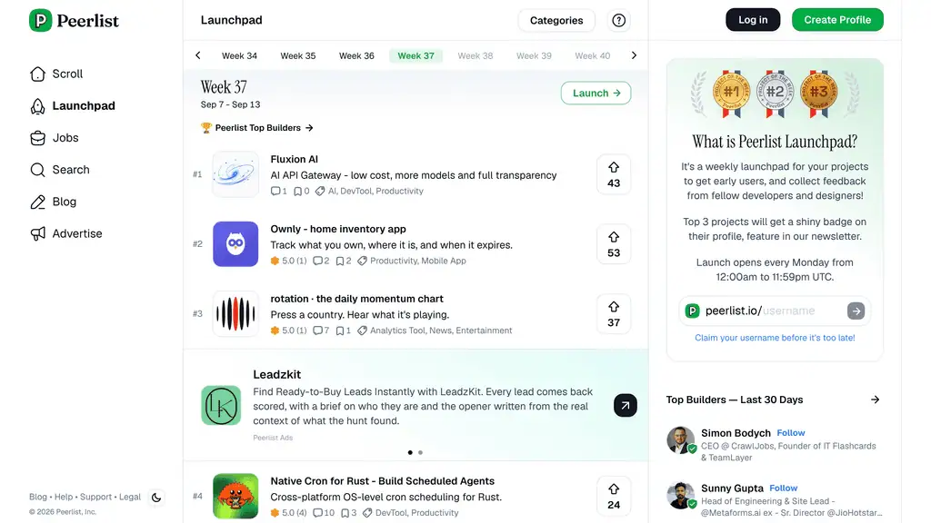 Peerlist Launchpad showing the weekly ranked project launches