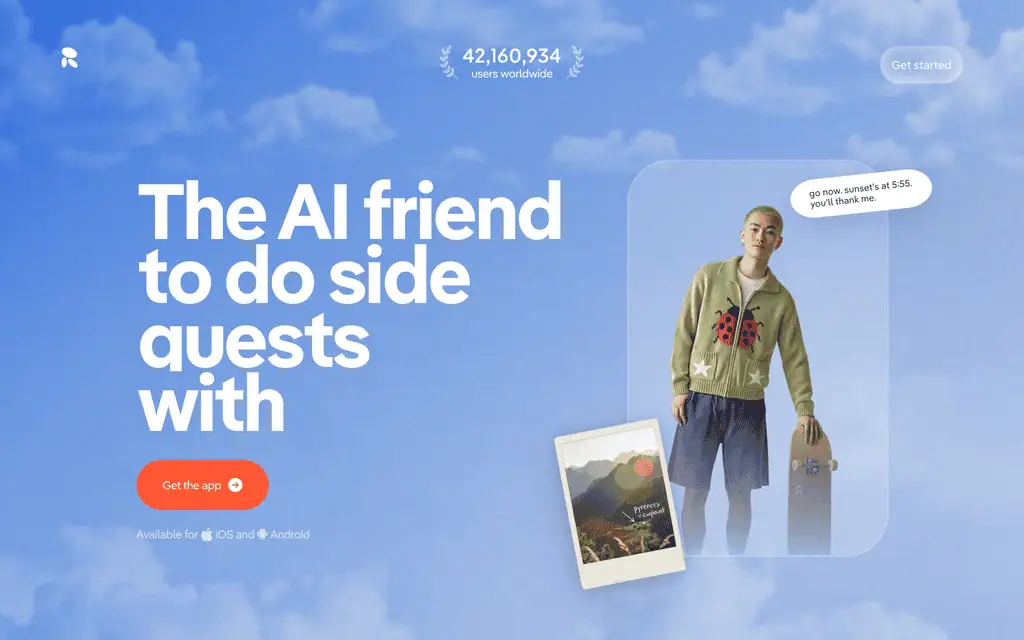 Replika homepage showing the AI friend positioning and a live worldwide user counter