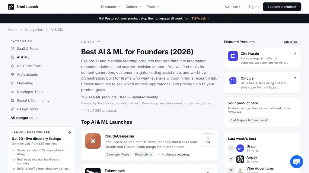 Smol Launch AI and ML category page listing launched AI products