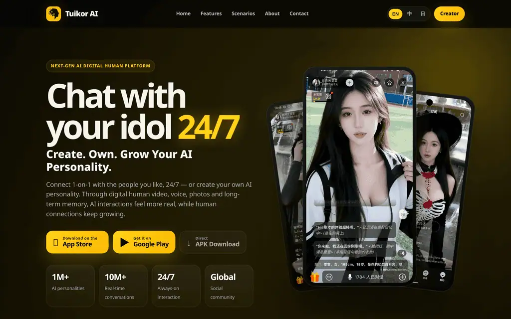 Tuikor AI homepage showing the chat with your idol hero, three download buttons and the 1M+ AI personalities claim