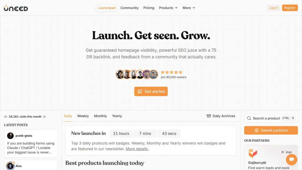 Uneed launch board showing the current queue of indie maker products