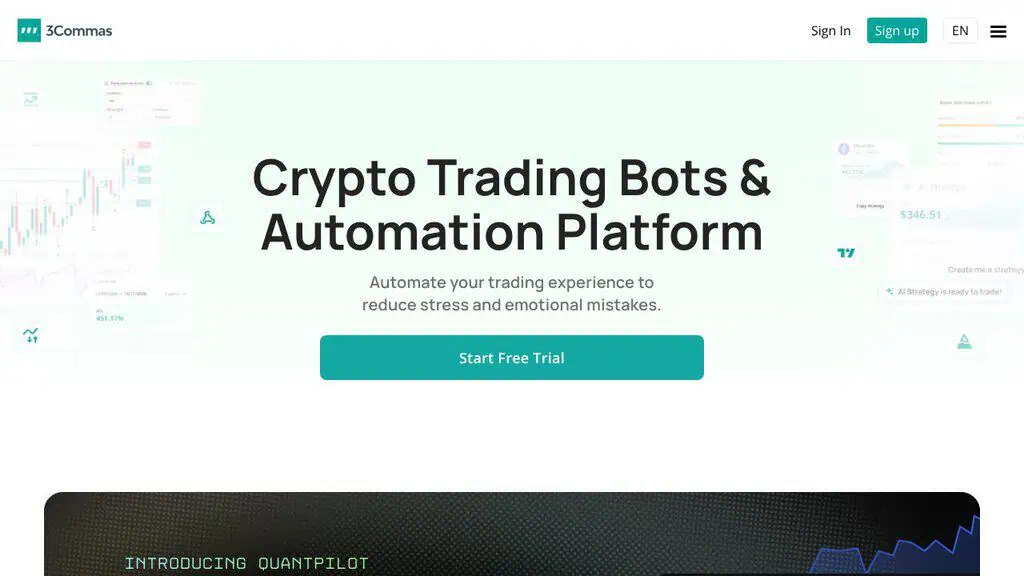3Commas crypto trading bots homepage with free trial button