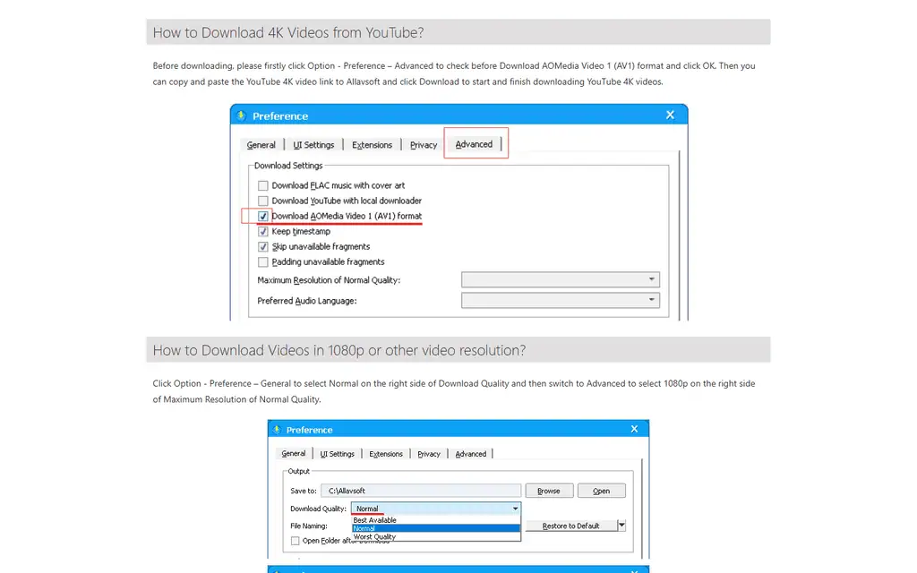 Allavsoft Preference window with the AV1 format option and the Download Quality and Maximum Resolution settings
