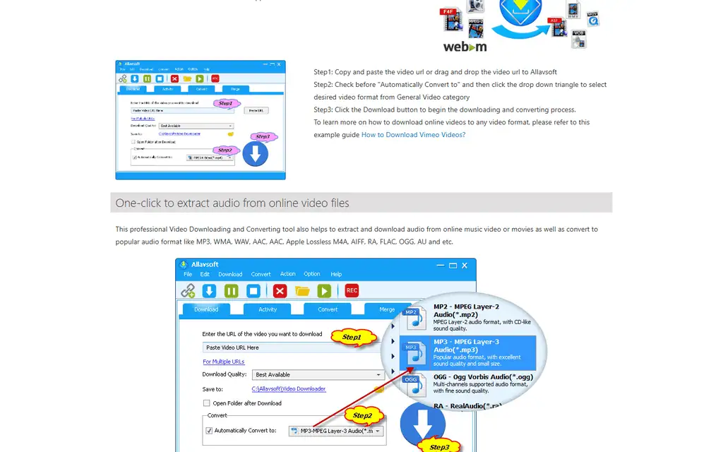 Allavsoft audio extraction guide showing the Automatically Convert to menu with MP3, OGG and RA audio formats