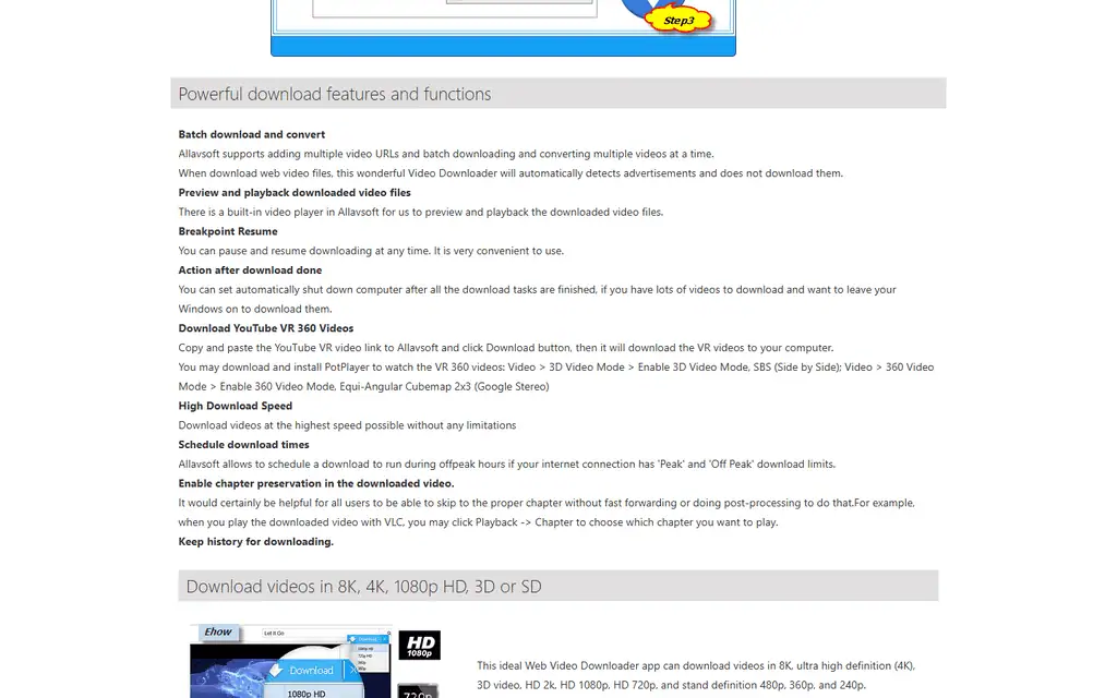 Allavsoft feature list including batch download, breakpoint resume, scheduled downloads and chapter preservation