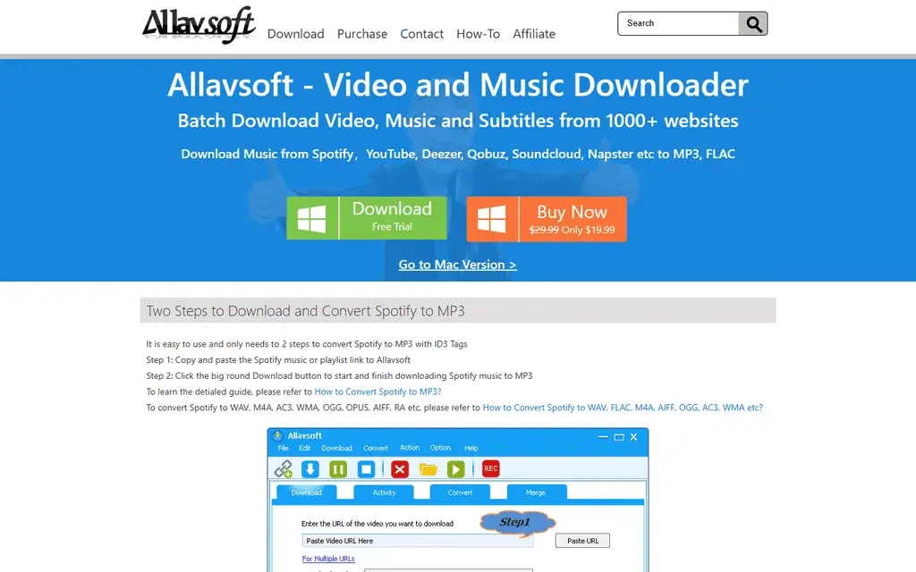 Allavsoft homepage with the Video and Music Downloader headline, free trial button and a Windows download interface