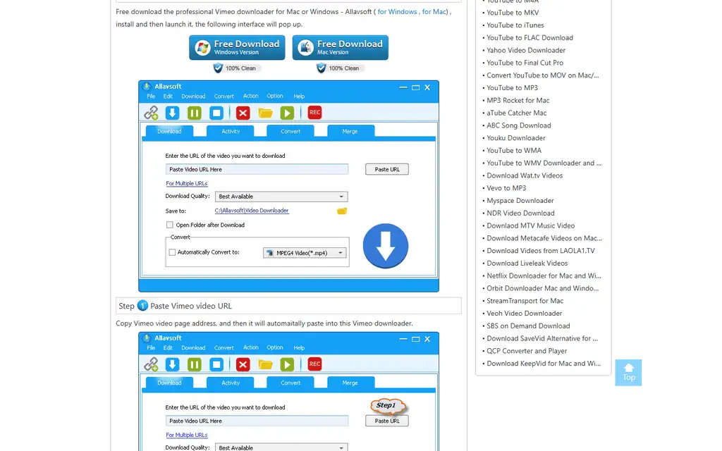 Allavsoft Windows interface with Download, Activity, Convert and Merge tabs, a paste URL field and a download quality menu