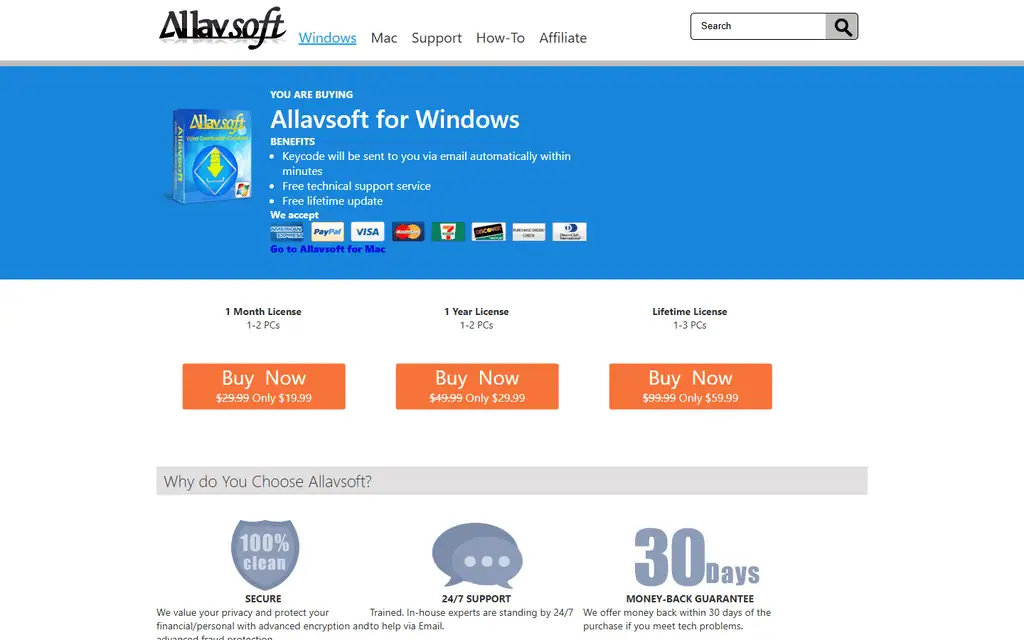 Allavsoft for Windows licence page with 1 month at 19.99, 1 year at 29.99 and lifetime at 59.99 dollars