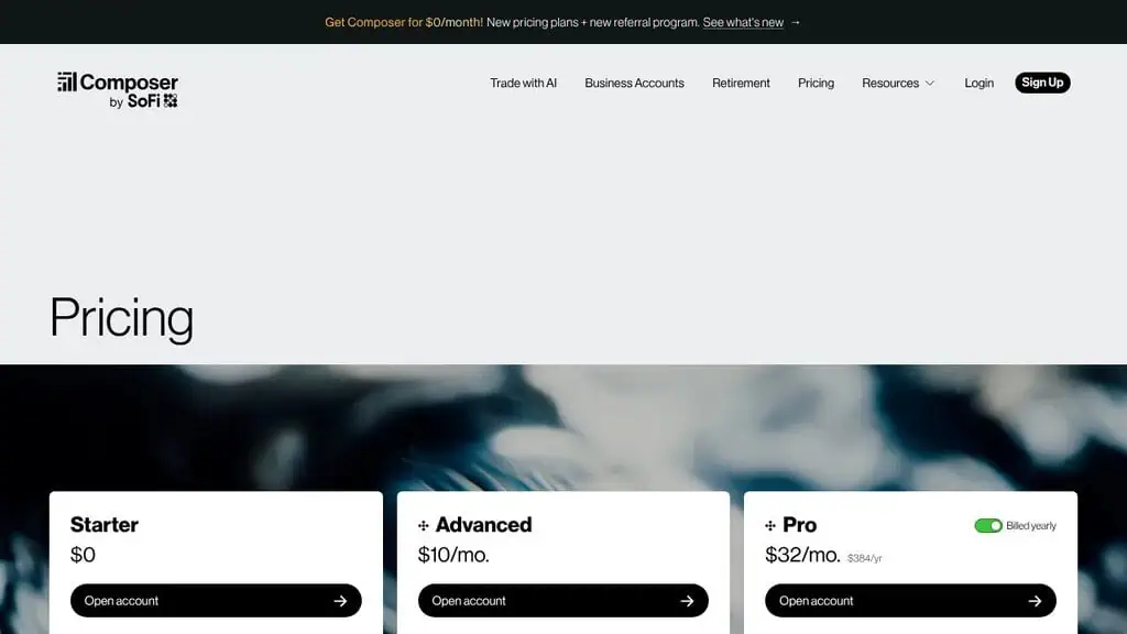 Composer pricing page with Starter, Advanced and Pro plans