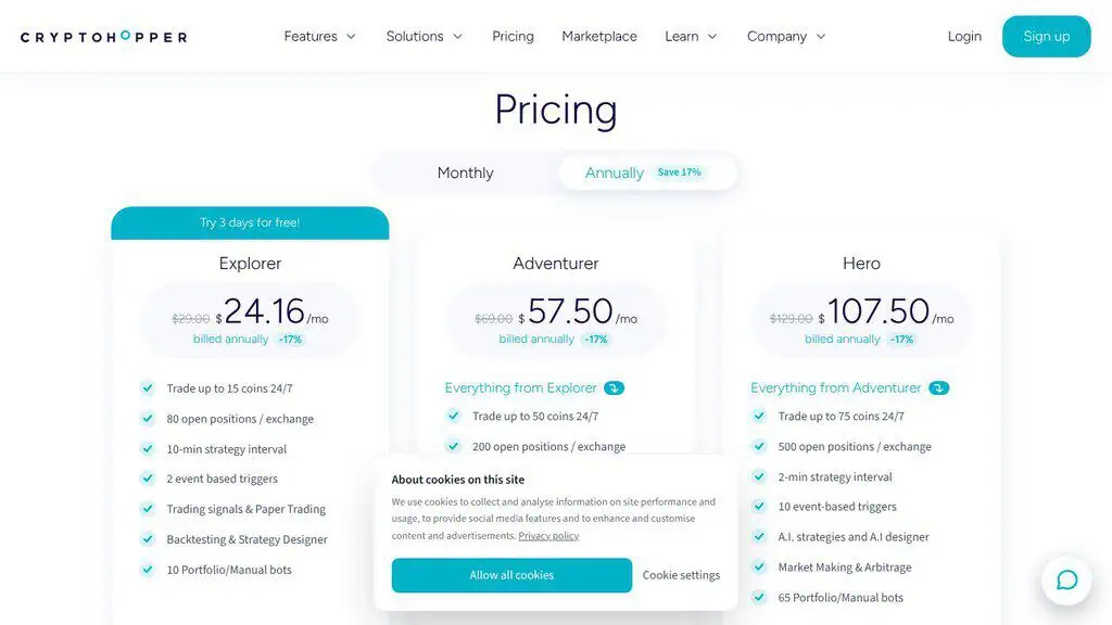 Cryptohopper pricing page showing Explorer, Adventurer and Hero plans