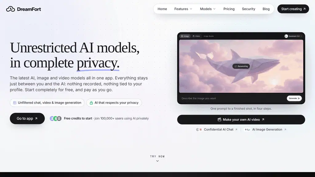 DreamFort homepage with the headline Unrestricted AI models, in complete privacy