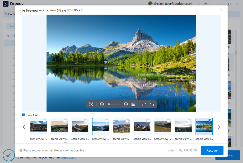 Drecov file preview window showing a recoverable JPG image with thumbnails of other found files below