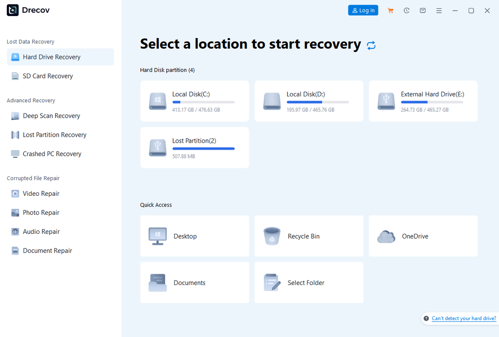 Drecov home screen listing drives and partitions with Quick Access shortcuts for Desktop, Recycle Bin, OneDrive and Documents