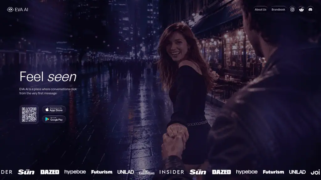 EVA AI homepage: a woman in a dark sweater leading a man by the hand down a city street at night, with the line Feel seen