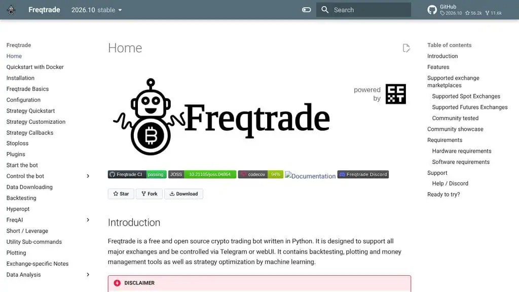 Freqtrade documentation home page for the open-source crypto trading bot