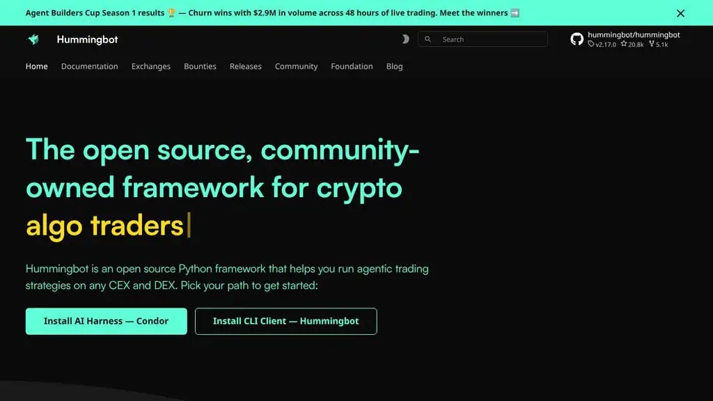 Hummingbot homepage for the open-source framework for crypto algo traders