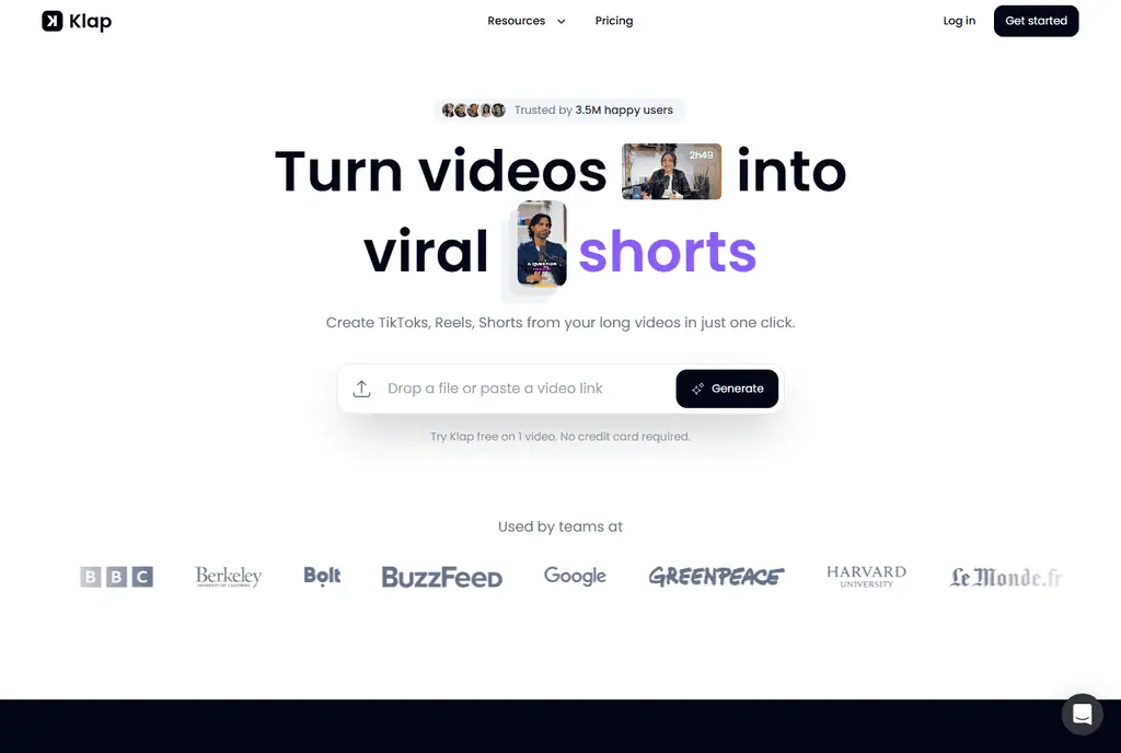Klap homepage with the headline Turn videos into viral shorts and a box to drop a file or paste a video link
