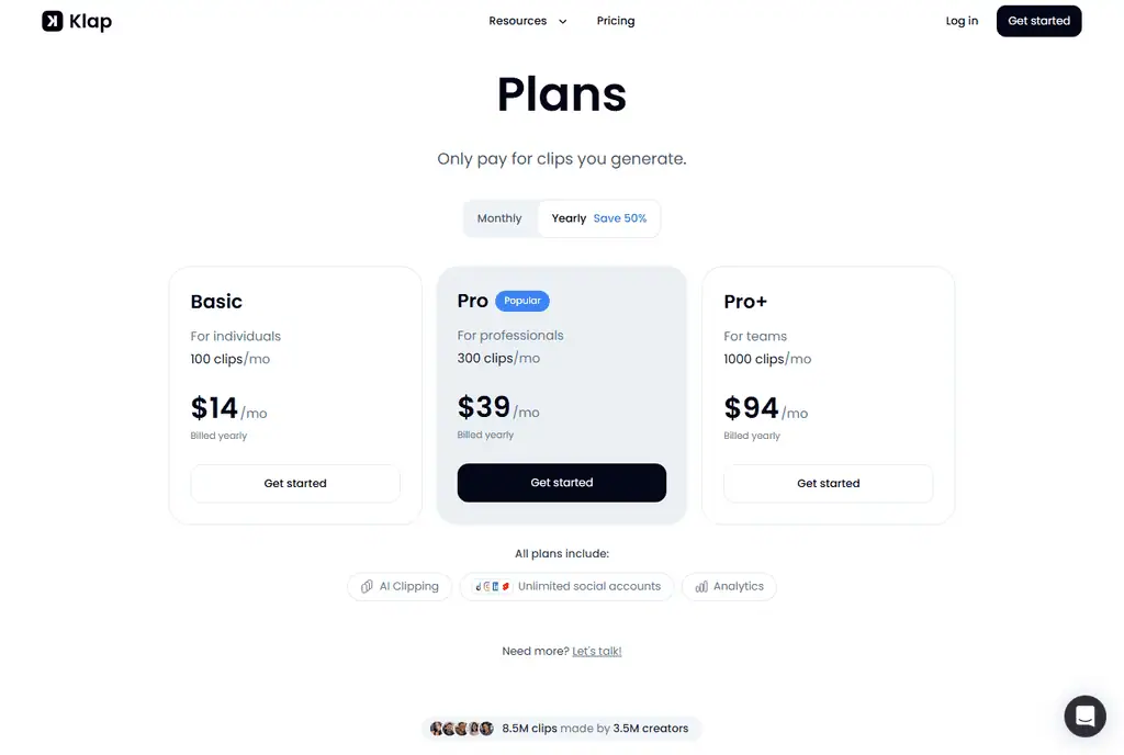 Klap plans page showing Basic at $14 a month, Pro at $39 and Pro+ at $94, billed yearly
