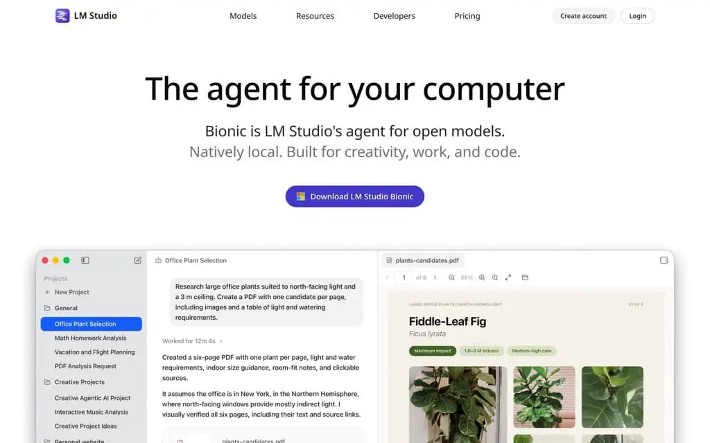 LM Studio homepage introducing Bionic, its agent for open models, with the desktop app showing a project chat and a PDF it created