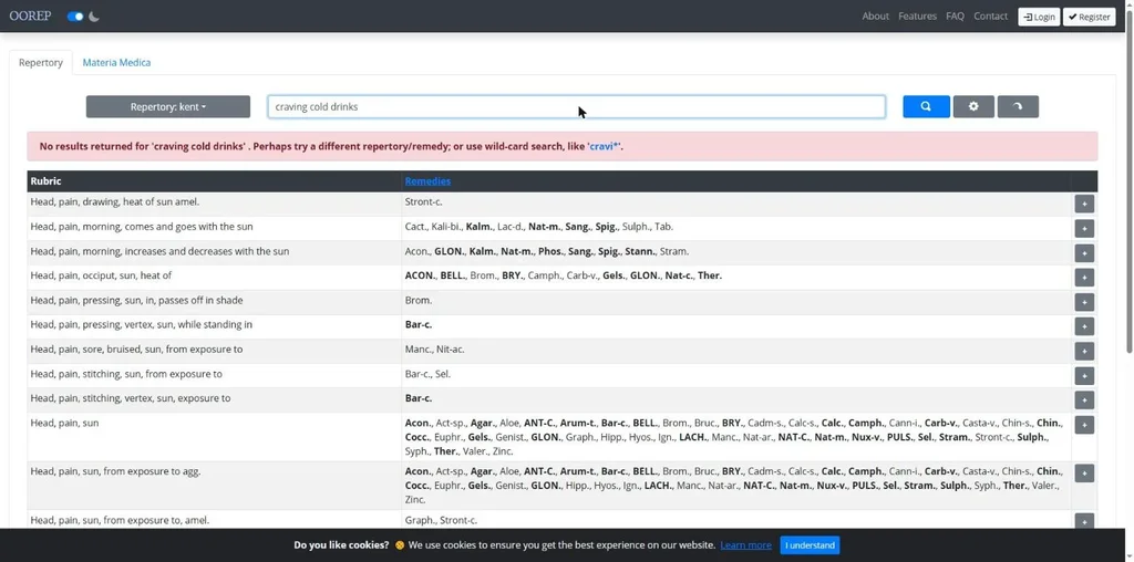 OOREP no-results message with the previous query's rubric table still showing below