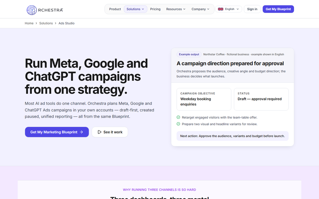Orchestra Ads Studio page headed Run Meta, Google and ChatGPT campaigns from one strategy, with a draft campaign awaiting approval