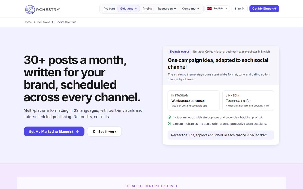 Orchestra Ads social content page showing one campaign idea adapted for Instagram and LinkedIn