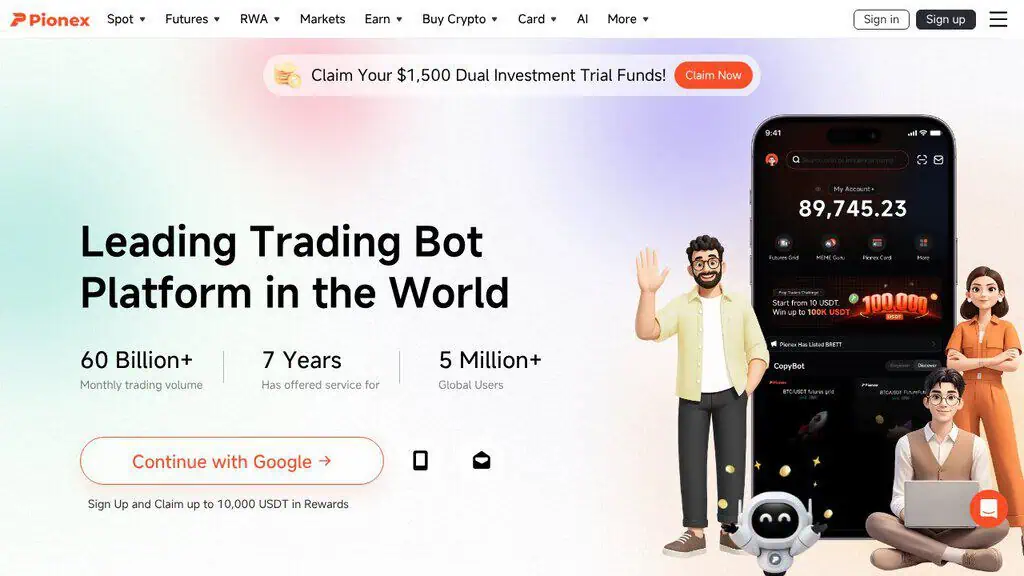 Pionex homepage describing built-in crypto trading bots