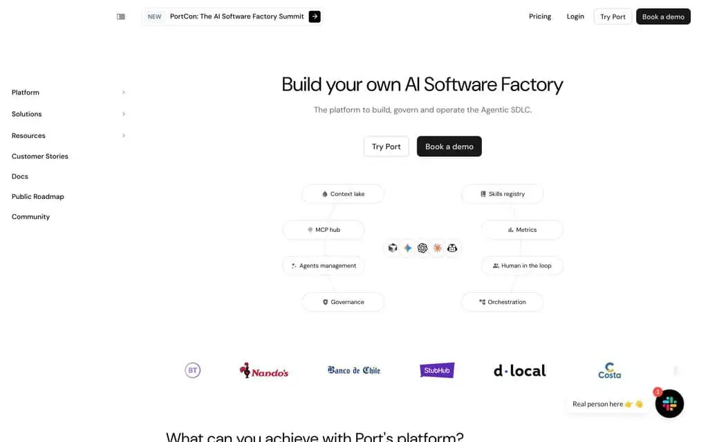 Port homepage showing its AI software factory platform with the skills registry, MCP hub and governance modules