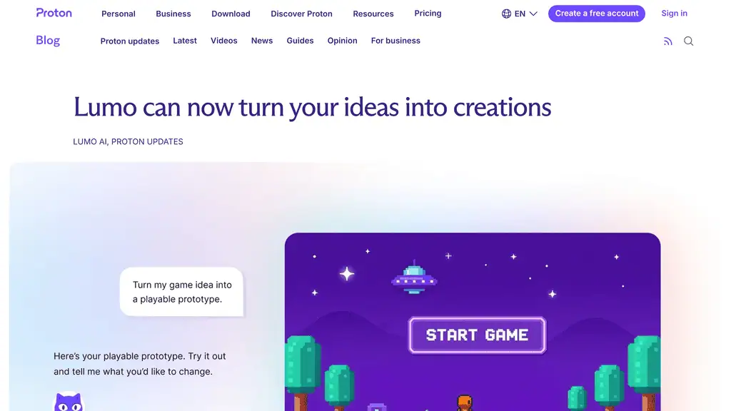 Proton announcement of Lumo Creations showing a playable game prototype in a canvas next to the chat