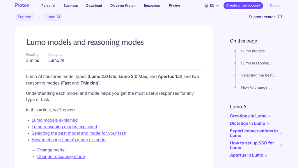 Proton support page on Lumo models and reasoning modes listing Lite, Max and Apertus 1.5