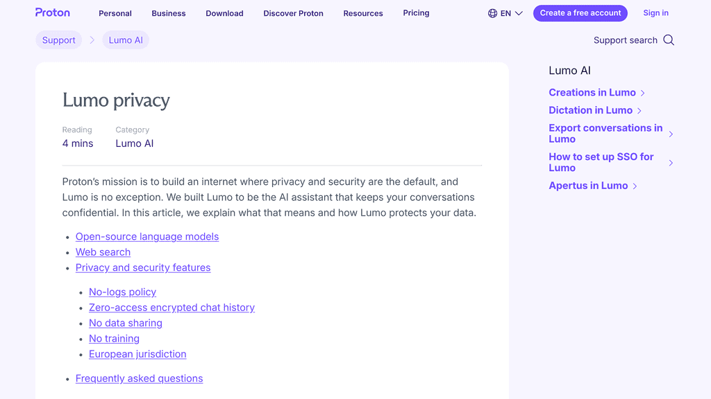 Proton Lumo privacy support page describing open-source models, no-logs policy and no training