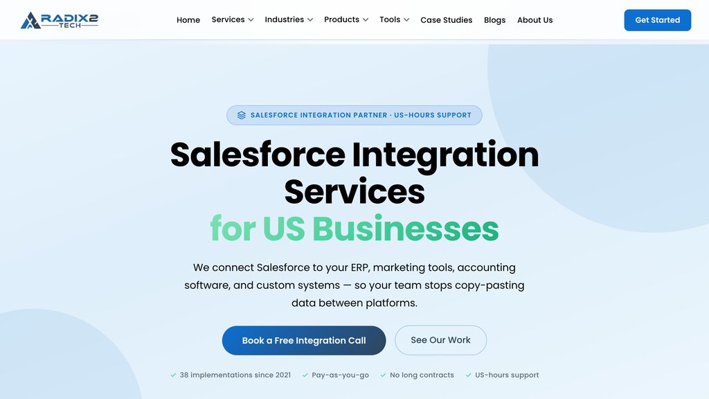 Radix2 Tech Solution Salesforce integration services page describing how it connects Salesforce with other business systems