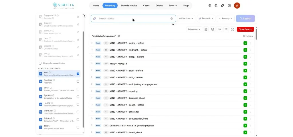 Similia Kent semantic search for anxiety before an exam, 92 rubrics, anticipating an engagement seventh