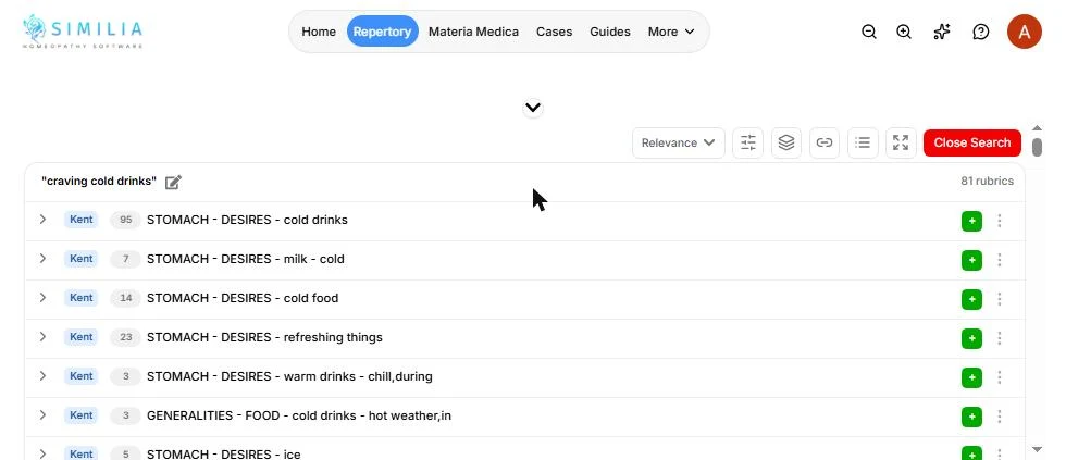 Similia Kent semantic search for craving cold drinks, 81 rubrics, STOMACH - DESIRES - cold drinks listed first