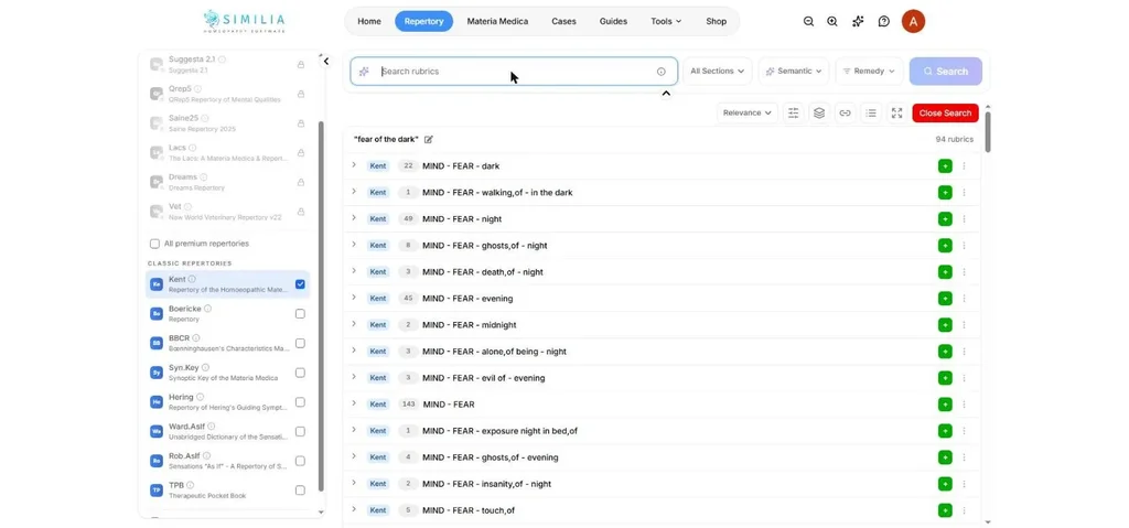 Similia Kent semantic search for fear of the dark, 94 rubrics, MIND - FEAR - dark listed first