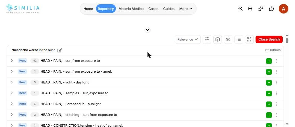 Similia Kent semantic search for headache worse in the sun, 82 rubrics, HEAD - PAIN - sun from exposure to listed first