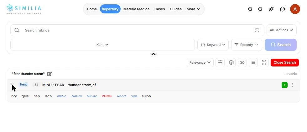 Similia Keyword search for fear thunder storm with the rubric row expanded to show 11 remedies