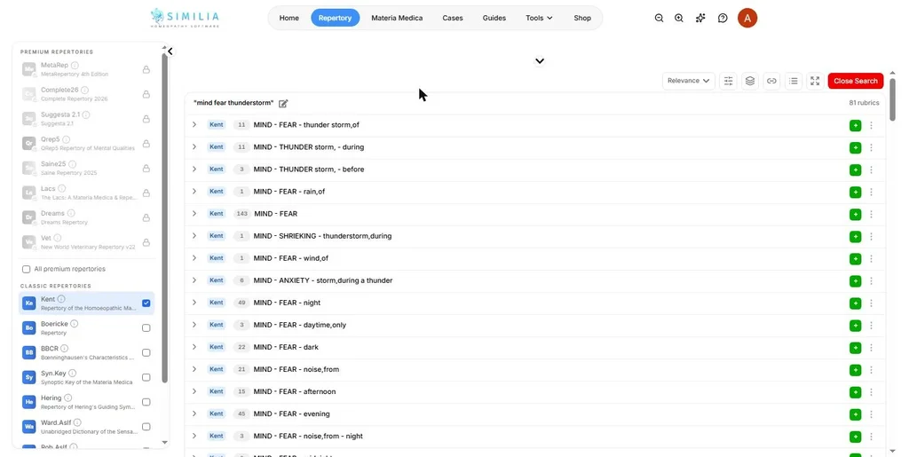 Similia Kent semantic search for mind fear thunderstorm, 81 rubrics, MIND - FEAR - thunder storm listed first
