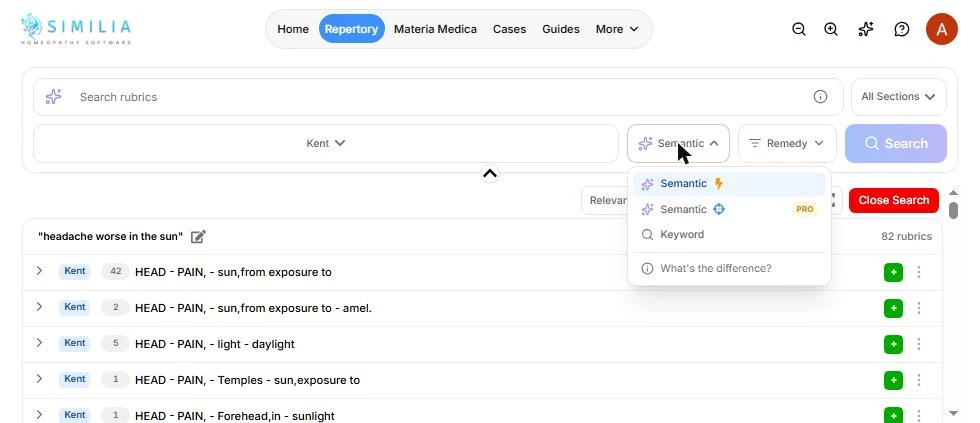Similia repertory search mode menu showing Semantic, Semantic marked Pro, and Keyword options