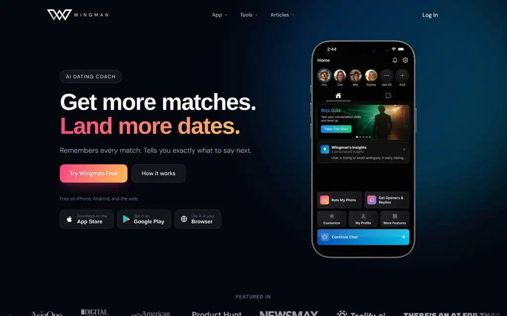 Wingman homepage: an AI dating coach that remembers your matches, with the app showing Rate My Photo and Get Openers and Replies