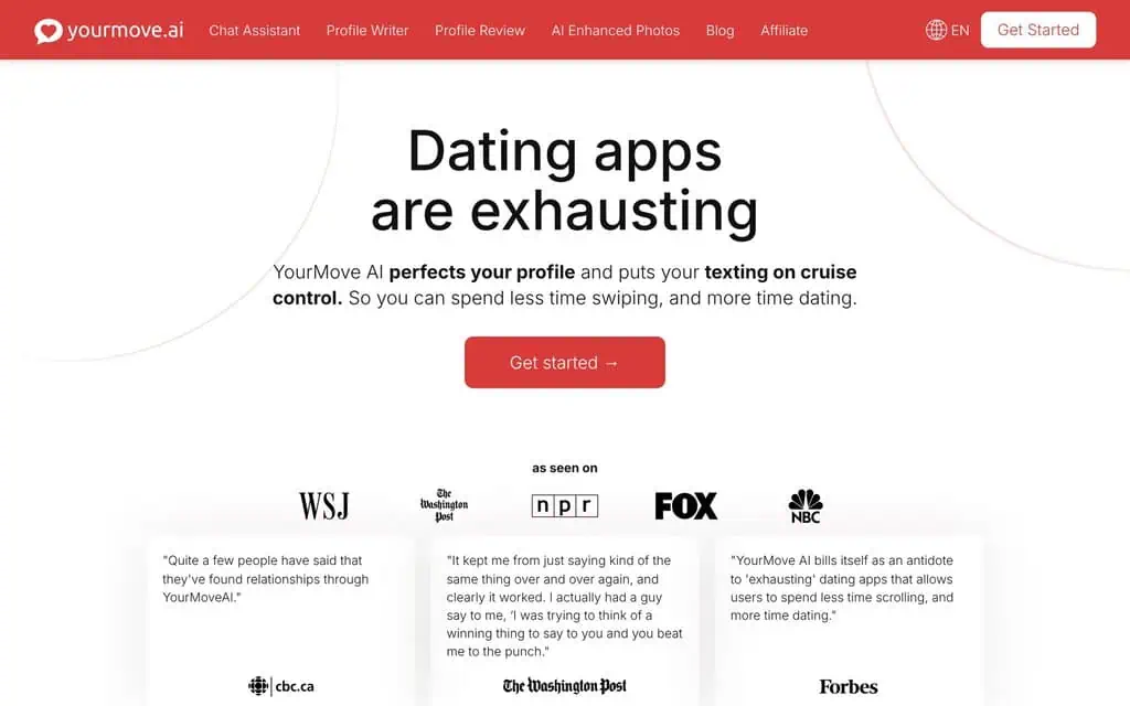 YourMove AI homepage with its profile writer, chat assistant, profile review and AI enhanced photos tools in the menu