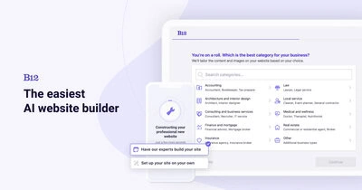 B12 is an AI website builder that generates a business site, online store, or web app from a text prompt in about 60 seconds, with optional human desi