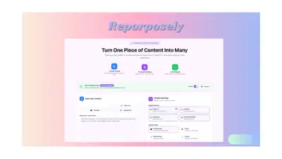Reporposely is an AI content repurposing platform that turns blogs, YouTube videos, and podcasts into 10 or more platform specific social media posts.