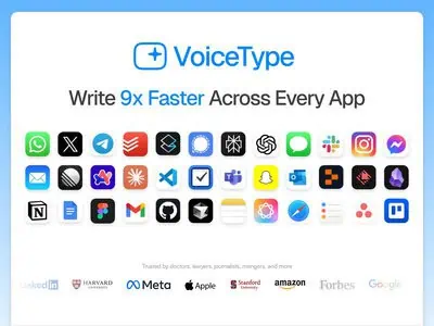 VoiceType is an AI powered voice-to-text dictation tool that transcribes speech at 360 words per minute with a claimed 99.7% accuracy rate across desk
