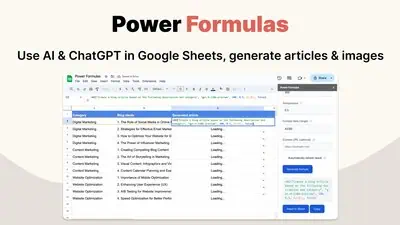 Power Formulas is a Google Sheets add-on that runs AI, image, vision, API and SQL formulas directly inside your spreadsheet cells.