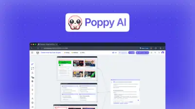 Poppy AI is a visual AI workspace where creators drag YouTube videos, PDFs, links, and voice notes onto a canvas to generate on-brand scripts, posts,