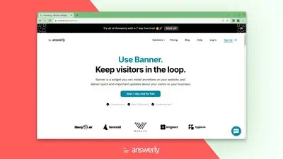 Answerly Banner is a customizable website banner widget for delivering targeted announcements, updates, and notifications to site visitors.