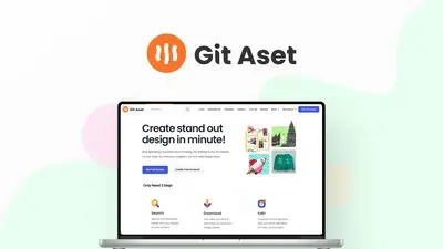 Git Aset is a one-time-purchase library of over 13,000 graphic design assets including premium fonts, 3D graphics, UI kits, and vector illustrations.
