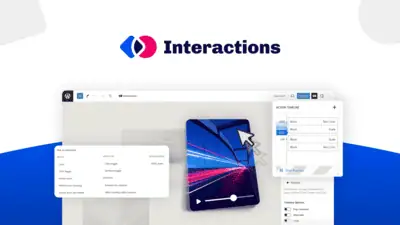 Interactions is a WordPress plugin that adds scroll animations, hover effects, and click triggers to Gutenberg blocks through a visual timeline editor